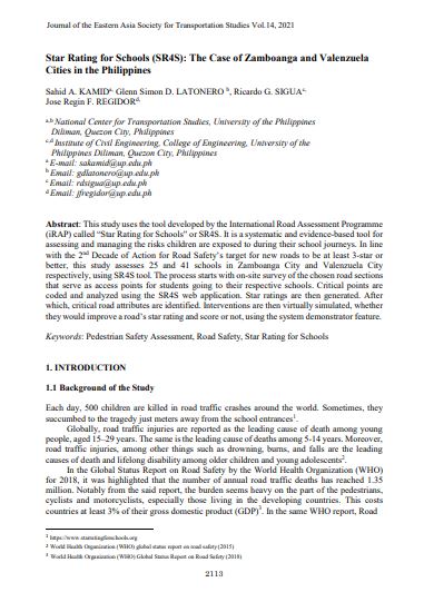 Star Rating for Schools (SR4S) – The Case of Zamboanga and Valenzuela Cities in the Philippines – featured in Journal of the Eastern Asia Society for Transportation Studies